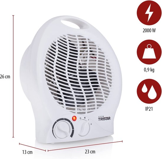 Elektrische Kachel Tristar KA‑5039 – 2 Warmtestanden – Compacte Ventilatorkachel – Campingkachel – Verwarmingsbereik tot 25 m² – 2000W – Wit