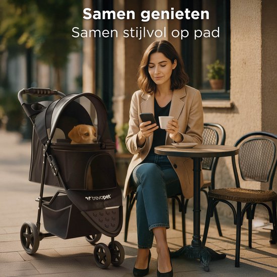TrevoPet® Inklapbare Hondenbuggy - Voor Kleine en Middelgrote Honden tot 15 kg - Waterafstotend met Bekerhouder, Opbergmand - Zwart
