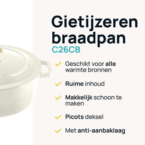 MOA Gietijzeren Braadpan - 7,2L - Voor Alle Warmtebronnen incl. Inductie - Met Deksel - Ø 30cm - Anti-Aanbaklaag - Wit