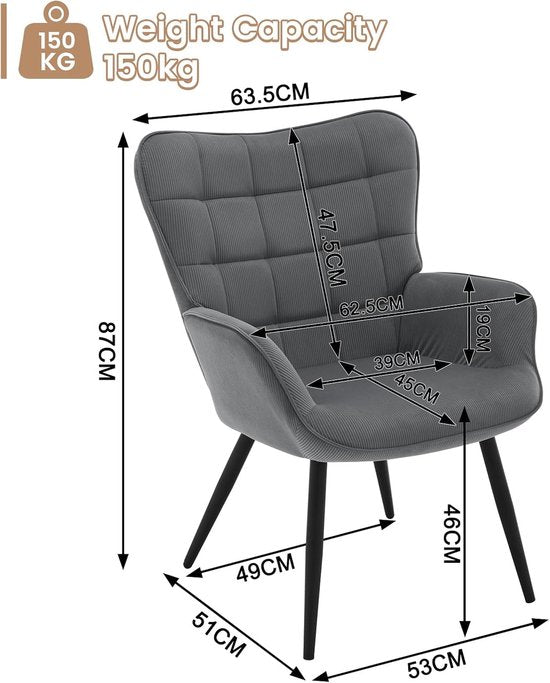 WOLTU Wing Chair, Modern, Relaxstoel, TV-stoel, Comfortabel, Leesstoel, Woonkamer, Fauteuil, Relaxfauteuil, Metalen Poten, Fauteuil