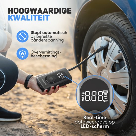 Vulpes Goods® Tech - Draagbare Compressor Bandenpomp - 6400mAh - Elektrische Fietspomp - Luchtcompressor voor Auto, Scooter, Fiets, Bal en Luchtbed - Incl. 7 opzetstukken - Zaklamp - Powerbank - Reiskoffer - PRO