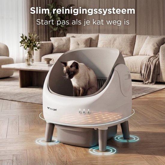 TrevoPet® Air - Automatische Kattenbak met App - Zelfreinigend & Veilig - Voor Katten tot 12KG - Incl. Mat, 60 Afvalzakjes & Accessoires - 10L Afvalbak - Wit & Grijs