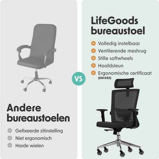 LifeGoods Ergonomische Bureaustoel - Extra Anti-Kras Wielen - NEN1335-gecertificeerd - Gamestoel - Office Chair - Volwassenen - Kantoorstoel - Zwart/Chroom