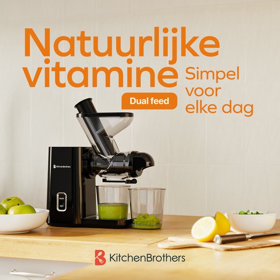 KitchenBrothers Slowjuicer - Mini Juicer - Groenten en Fruitpers - 40 mm en 50 mm invoer - 400 ml - Zwart
