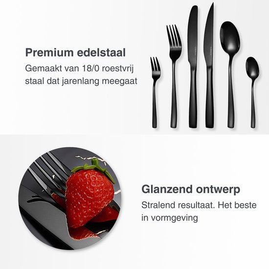 Deleca 8 Persoons Bestekset Essential (48-delig) - Lepels, Messen, Vorken, Steakmessen & Gebaksvorkjes - Vaatwasserbestendig Bestek - Glanzend Zwart / Edelstaal
