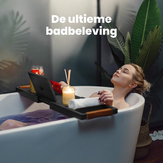 RelaxTub® Badplank - Badplank voor in Bad - Badrek - Verstelbaar - Anti Slip - Badplank Zwart - Badplank Hout - Badrekje inclusief Boekenhouder, Tablethouder & Spiegel