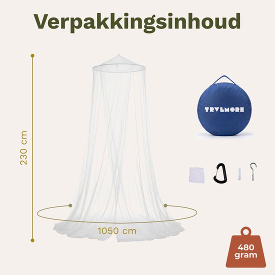 TRVLMORE Klamboe 1 Persoons - Muggennet - Muskietennet met Ophangkoord - Reisklamboe - Incl. Ophangset en Opberghoes - Wit