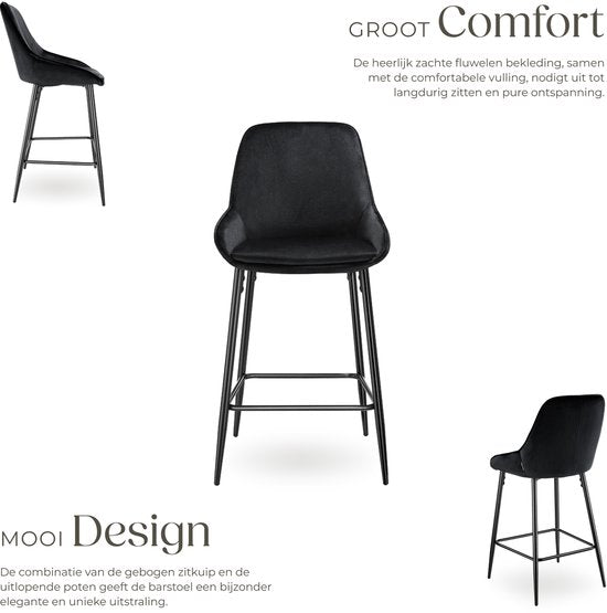 tectake® - Set van 2 Barkrukken Siera - Gestoffeerde Barkruk met rugleuning - Barstoelen - Barstoel met voetensteun - Eetkamerstoel met fluweellook bekleding en zachte schuimvulling - Stevige stalen poten met antislip vloerbescherming - Zwart