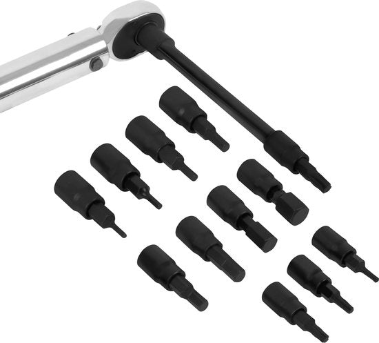 VONROC Momentsleutel ¼” - 265mm - 5-25Nm – Incl. 12-delige bitset (8 x Inbus, 4 x Torx) en 100mm verlengstuk - in stevige opbergkoffer