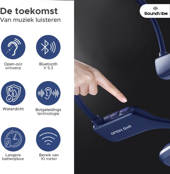 Soundvibe® Bone Conduction Hoofdtelefoon Blauw - Sporthoofdtelefoon - Sport oortjes - Draadloze oordopjes - Waterbestendig - 8GB Interne Geheugenkaart - Sport Koptelefoon - Voor alle Telefoons en Laptops - Hardloop Oortjes - Wireless Earphones