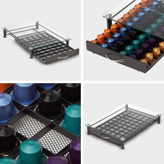 KitchenBrothers Capsulehouder - met Lade - Nespresso - 60 Cups - Glas - RVS/Zwart
