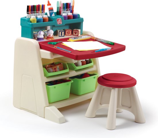 Step2 Flip & Doodle Ezeltje Bureau met stoel voor kinderen - 2-in-1 kinderbureau en schildersezel van plastic / kunststof - Knutseltafel met opbergruimte