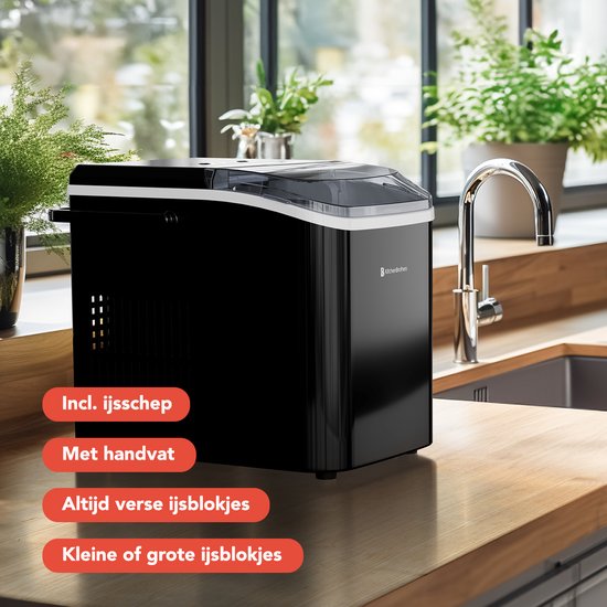 KitchenBrothers IJsblokjesmachine - 1.5L - IJsblokjesmaker – 12kg/24 uur - Draagbaar - Zelfreinigingsfunctie - Zwart