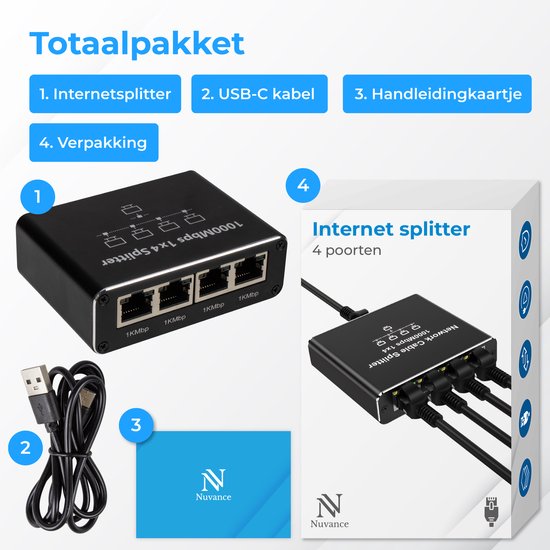 Nuvance Internet Splitter - 4 Poorten - Netwerk Switch - tot 1000Mbps - Netwerk Splitter - RJ45 Cat5 Cat6 LAN UTP Ethernet