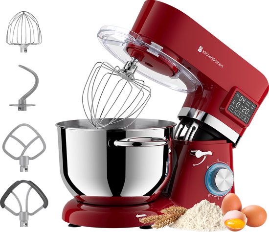 KitchenBrothers Keukenrobot - Display en Timer - Keukenrobot - 6,2L - Keukenmixer - 1400W - Rood