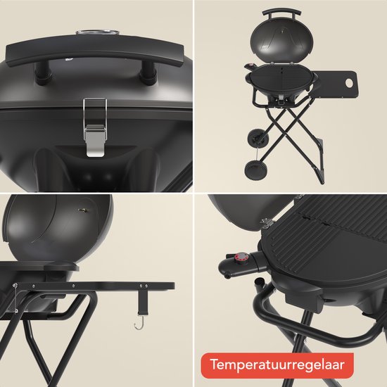 KitchenBrothers Elektrische BBQ - Opvouwbaar - Barbecue met Wielen - Anti-aanbaklaag - Zijtafel - tot 250°C - 2400W - Zwart