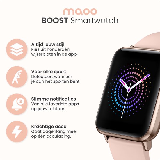 MAOO BOOST Smartwatch – Inclusief Screenprotector – Waterproof – Dames Smartwatch Rosé Goud – Stappenteller, Hartslag & Slaapmonitor – Multisport – Android & iOS – Roze
