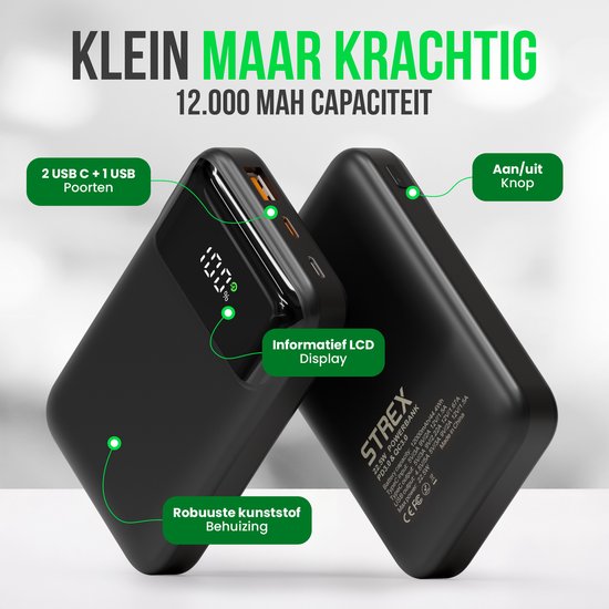 Strex Powerbank - 12.000 mAh - 22.5W Snellader - USB-A/USB-C - LED Indicatie - Universele Powerbank geschikt voor o.a. iOS/Android
