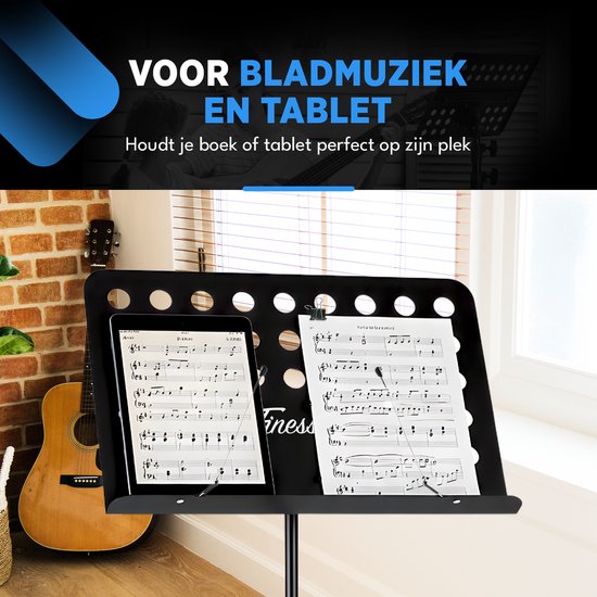 Finesse Muziekstandaard voor Bladmuziek - XL - Opvouwbaar - met Draagtas - Lessenaar voor Tablet - Zwart