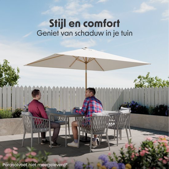 LifeGoods Parasol - Tuin - 270x180cm - 30° Kantelbaar - Waterdicht - UPF50+ - Houtkleurige coating - Crème