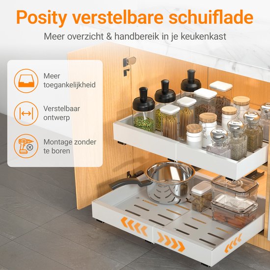 Posity Schuiflade – Keukenkast Organizer – Gootsteenkast/Lade Organizer - binnenlade keuken – Uittrekbaar en Verstelbaar (43-67 cm) – Telescopisch – Wit