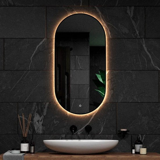 Mirlux Badkamerspiegel - LED Verlichting - Verwarming – Wandspiegel Ovaal – Zwart Frame - 100x50CM