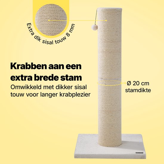 Jake and Jacky Krabpaal voor Grote Katten - Naturel/Crème - Met Speelballetje - 56x56x120 cm - Ø Sisal Krabpaal 20 cm