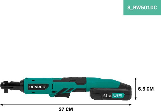 VONROC Accu ratelsleutel – 20V – 50Nm – 3/8” – incl. 8-delige doppenset – Incl. 2.0Ah Accu en snellader – ook voor handmatig gebruik – ideaal voor moeilijk te bereiken bouten en moeren.