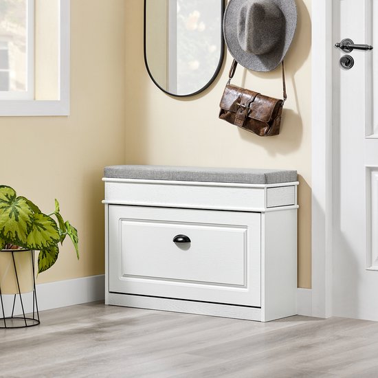 SoBuy FSR82-L-WG Schoenenkast entreebank – schoenenbank met toiletzitting en schoenenopbergkussen voor hal, woonkamer 75 x 24 x 51 cm, capaciteit 180 kg, wit antiek houteffect