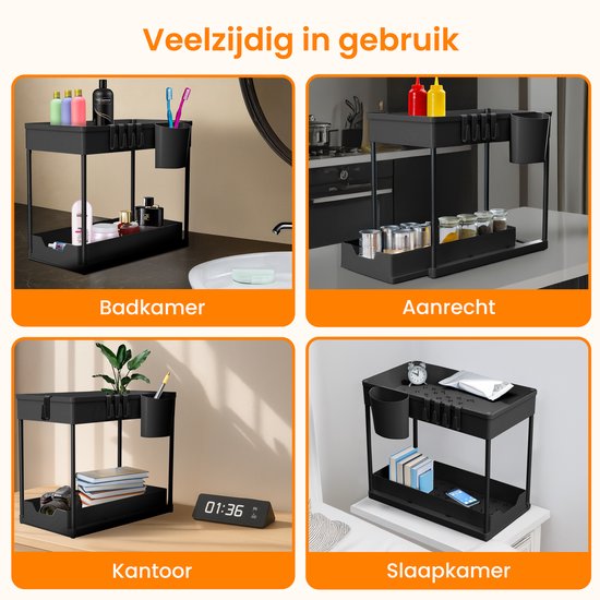 Posity Gootsteenkast Organizer - Keukenkastje Organizer - Schuiflade - Kast Organizer - Badkamer Organizer - Aanrecht Organiser - 1 Uitschuifbare Lade - Zwart