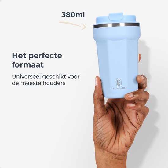 Castagnola Thermosbeker - Koffiebeker To Go - Travel Mug voor Koffie en Thee - Theebeker - 380 ML - RVS - Lichtblauw - Octagon