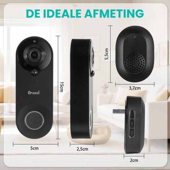 Video Deurbel met Camera - Inc. Gong & 128GB SD - Draadloos - Slimme Deurbel - met App - Zwart - van Saaf