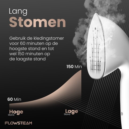 FLOWSTEAM® PRO Kledingstomer - Handstomer - Stoomreiniger - Stoomapparaat Kleding - 150 Minuten Stomen - 2.5M Snoer - Wit