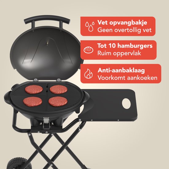 KitchenBrothers Elektrische BBQ - Opvouwbaar - Barbecue met Wielen - Anti-aanbaklaag - Zijtafel - tot 250°C - 2400W - Zwart