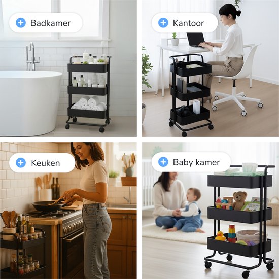 Keuken trolley op Wieltjes - 3 laags - Keukenrek - Serveerwagen - Kastje - Karretje - Opberg - Douche kastjes staand - Rekje - Zwart - Luft