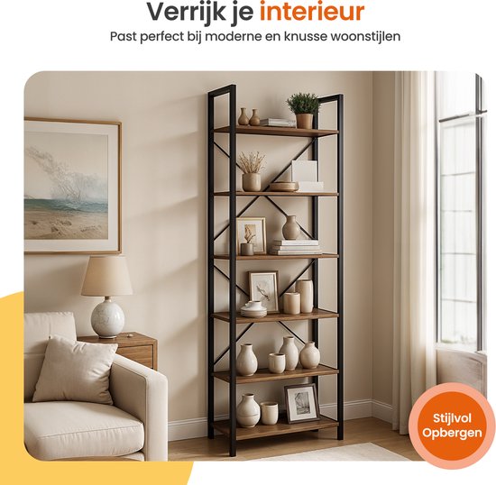Goliving Boekenkast - 66 x 30 x 186 cm - 6 Lagen - Opbergkast - Wandkast - Boekenrek - Vitrinekast - Stellingkast - Woonkamer Kast - Industrieel - Bruin/Zwart
