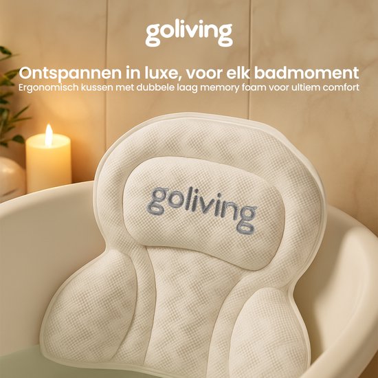 Goliving Badkussen - Ergonomisch Kussen voor in Bad - Met 6 Zuignappen - Inclusief Waszakje - Anti-Slip, Lichtgewicht & Waterdicht -100% Polyester - Wit