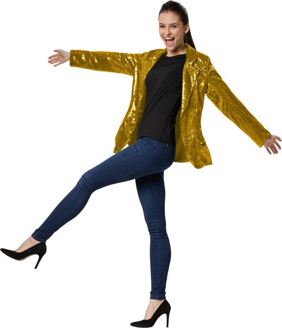 Dressforfun Paillettenjas dames goud XL - verkleedkleding kostuum halloween verkleden feestkleding carnavalskleding carnaval feestkledij partykleding - 303849