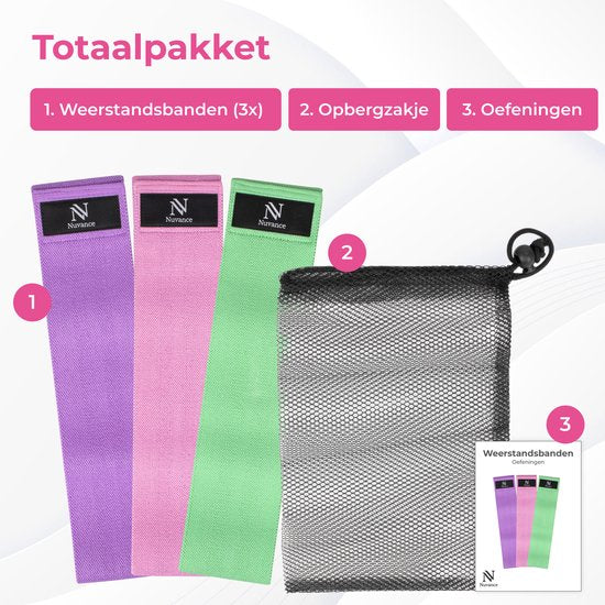 Nuvance - Weerstandsbanden Set Inclusief Draagtas - 3 Delige Set - Resistance Band - Fitness Elastiek - eBook met extra oefeningen - Groen Roze en Paars