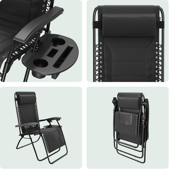 LifeGoods Ligstoel Comfort - Opvouwbaar - 30°-90° Verstelbaar - Beker en Telefoonhouder - Tuinstoel - Zwart