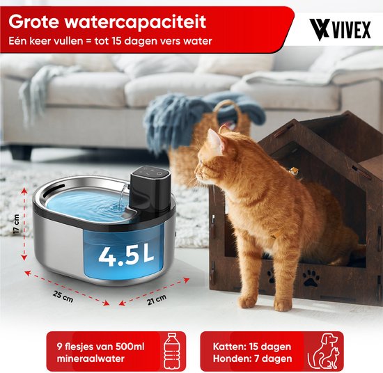 Vivex® Draadloze Drinkfontein - RVS - 4,5 Liter - Waterfontein voor Katten en Honden - Met Sensor en Accu - Incl. 6 Filters en cleaning - Fluisterstil