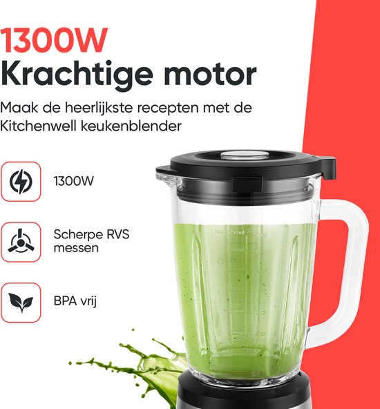 Kitchenwell Blender – Incl. To-Go Beker & Pulsefunctie – 1300 W – 17.2 x 21 x 43 cm – Grijs