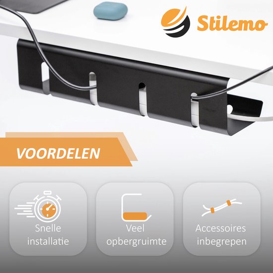 Stilemo Kabelgoot Bureau 2 Delig - Cable Management - Kabelhouder 43 CM - Kabelbox - Kabel Organiser 5 KG Draagkracht - Opberbox Stekkerdoos - Zwart - Incl. Accessoires