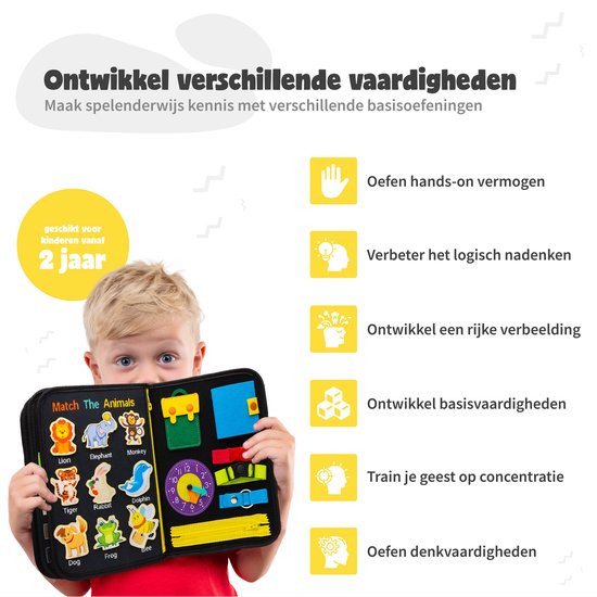 MontiPlay® Montessori Speelgoed - Sensorisch Speelgoed - Activiteitenbord - Busy Board - Montessori Activiteitenboek voor thuis - Educatief - Sensomotorisch Speelgoed- Dinosaurus Speelgoed