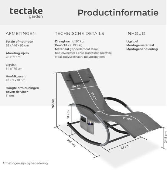 tectake® Ligstoel Taya - Ergonomisch Ligbed voor Tuin, Terras, Balkon - Relaxstoel met Schommelfunctie - Tuinstoel met Comfortabele Armleuningen, Hoofdsteun en Opbergvak - Weerbestendig en Waterafstotend - 120kg Draagkracht - Grijs