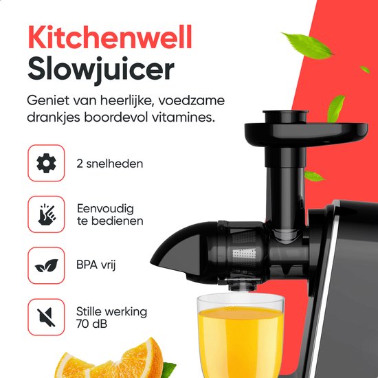 Kitchenwell Slowjuicer - 700ml - Juicer met pulpreservoir - Groenten en fruitpers - BPA vrij - Zwart