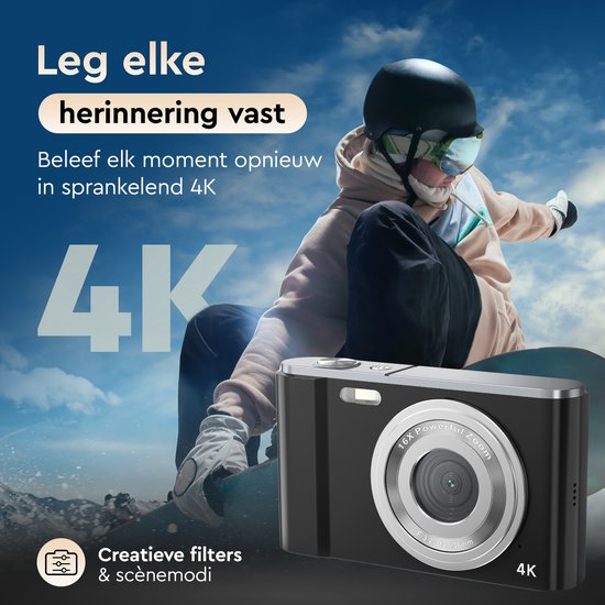 K&L Digitale Camera 4K - 64MP - Fototoestel - Compact Camera - Vlog Camera - Voor Kinderen - Inclusief 64GB - NL Software