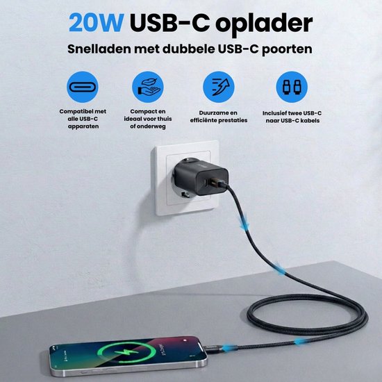 Faas USB C Oplader - Snellader - 40W - 2x 20W Poort - 2 kabels - 1.5 meter - USB C Kabel - USB C naar USB C - Zwart