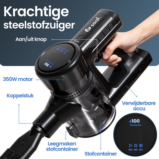 Steelstofzuiger G100M - 350W - Steelstofzuiger met Dweilfunctie - Steelstofzuiger Draadloos - 9-delige set met Buigbare Steel - 35kPa - Kruimeldief - Zwart - Saaf