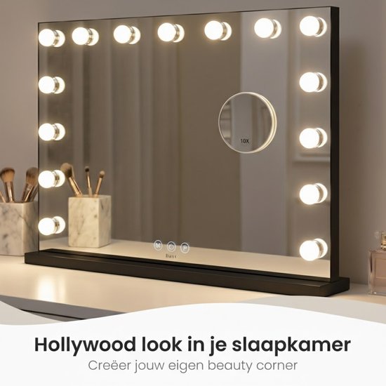 Bayt Hollywood Spiegel met verlichting - Make Up Spiegel met Verlichting - Spiegel Met Verlichting - Dimbaar - 10x Vergroting - 58x46cm - Zwart